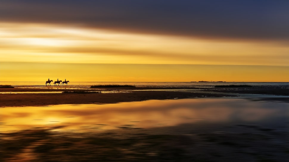 3 Reiter reiten bei Sonnenuntergang über einen Strand in Deutschland 3 Reiter reiten bei Sonnenuntergang über einen Strand in Deutschland